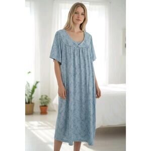 Ekouaer Nightgown Floral Night Gown Sz L Blue Short Sleeve Pockets House Muu muu